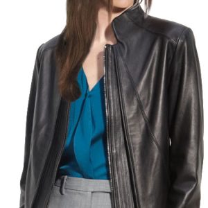 Svelte stand collar leather blazer for women