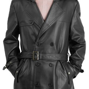 Twofold breasted trench leather coat for men