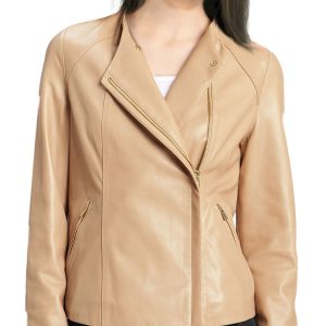 Uneven leather jacket with spread collar