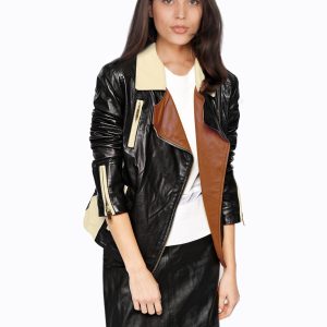 Womens lambskin biker jacket with notch lapel collar and multi toned style