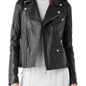 Womens moto leather jacket with ribbed rear hem