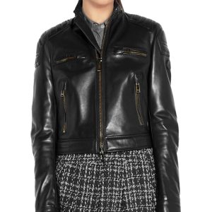 Stand collar biker leather jacket for women