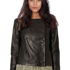Collarless box cut womens leather jacket