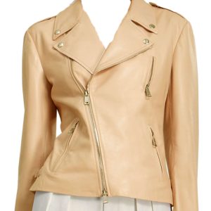 Studded broad collar leather biker jacket