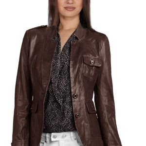 Glossy brown leather blazer for women