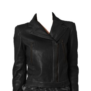 Indent collar buttoned biker leather jacket