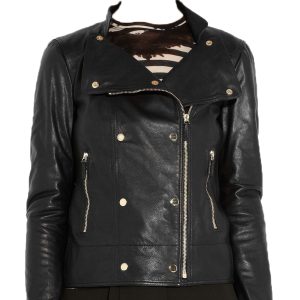 Studded cross zip glossy leather biker jacket