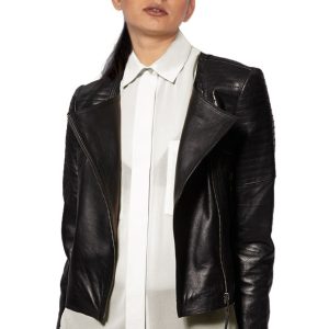 Collarless dashing leather biker jacket