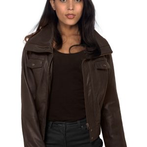 Celeb style funnel lapel leather jacket for women