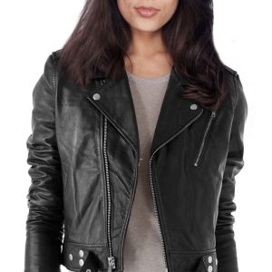 Score lapel collar leather biker jacket