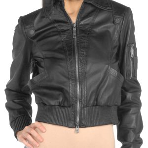 Versatile cuff leather bomber jacket for women