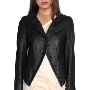 V neckline colloquial leather jacket for women
