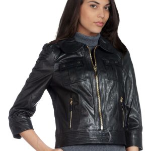 Haute leather jacket with buttoned cuffs