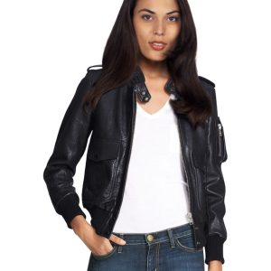 Plane leather jacket with epaulets for women