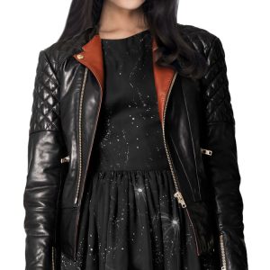 Lively collarless leather motorcycle jacket