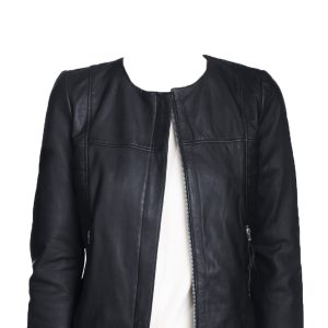 Chic and modish round neck leather jacket