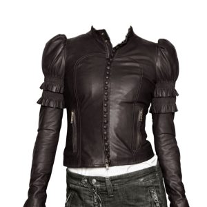 Front button patterned womens leather jacket