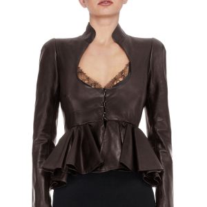 Abdomen peplum detailed womens leather jacket
