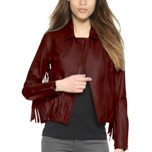 Womens slim cropped leather jacket with fringed detail