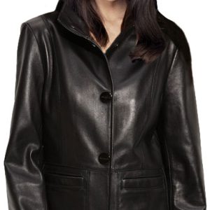 Three button snap closure leather womens coat