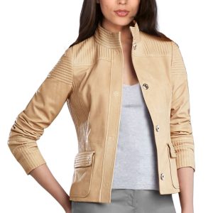 Chic looking stand collar leather biker jacket