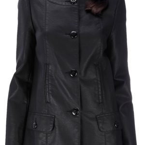 Knee length stylesh collarless womens leather coat