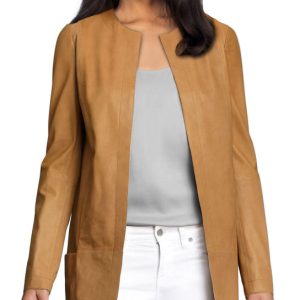 Formal round neckline womens leather coat