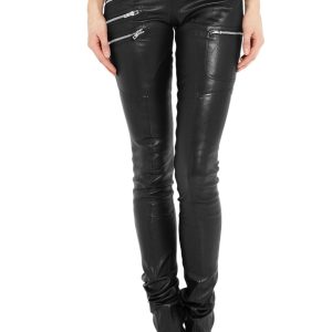 Triple metallic zipper front womens leather pants